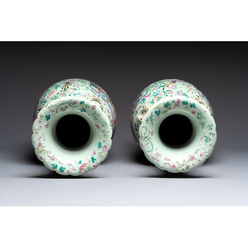 57 - A pair of large Chinese famille rose celadon-ground 'Romance of the Three Kingdoms' vases, 19th C.H.... 