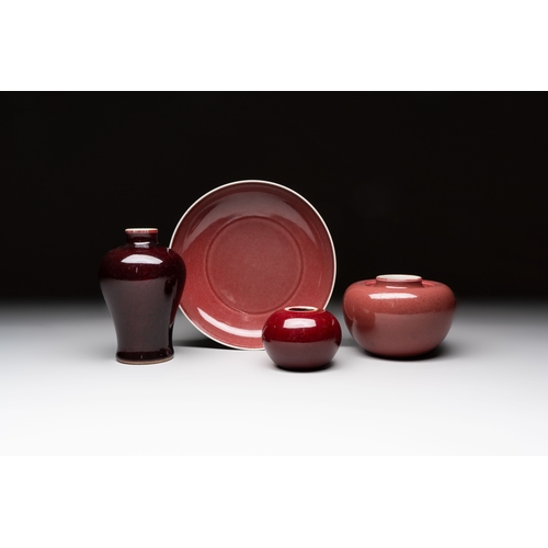 175 - A Chinese copper-red-glazed plate, a meiping vase and two water pots, Kangxi marks, 19/20th C.Dia.: ... 
