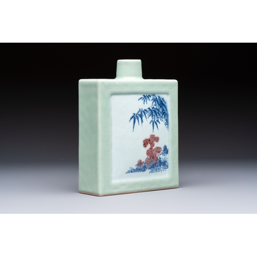 222 - A Chinese blue, white and copper-red celadon-ground tea caddy with floral and bamboo design, Qianlon... 