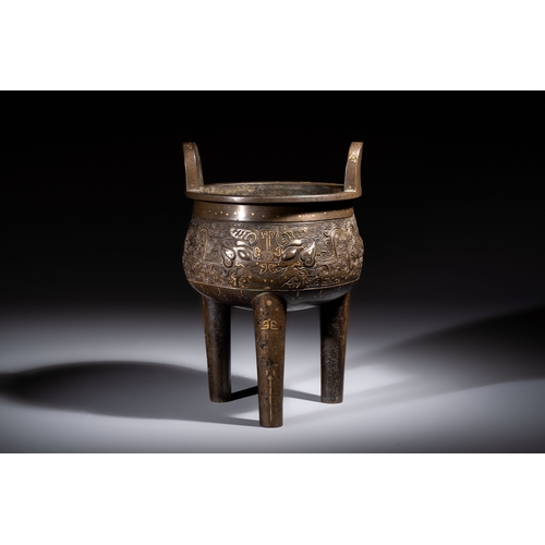 249 - A rare Chinese gold- and silver-inlaid bronze 'Ding' censer with Taotie design on a hongmu stand, Sh... 