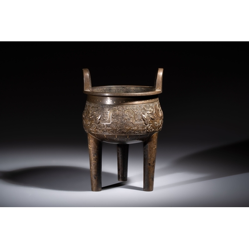 249 - A rare Chinese gold- and silver-inlaid bronze 'Ding' censer with Taotie design on a hongmu stand, Sh... 