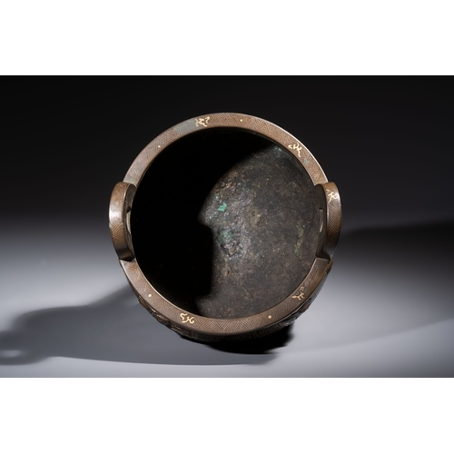 249 - A rare Chinese gold- and silver-inlaid bronze 'Ding' censer with Taotie design on a hongmu stand, Sh... 
