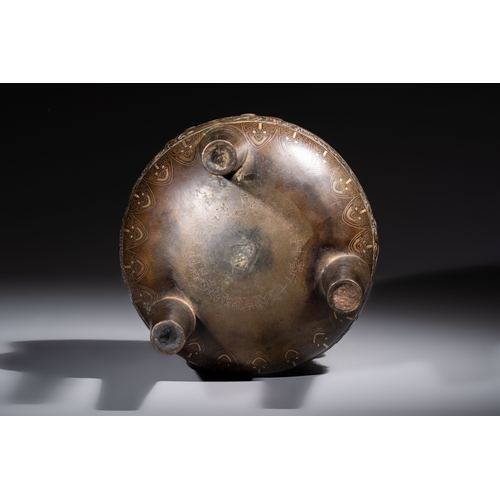 249 - A rare Chinese gold- and silver-inlaid bronze 'Ding' censer with Taotie design on a hongmu stand, Sh... 