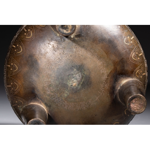 249 - A rare Chinese gold- and silver-inlaid bronze 'Ding' censer with Taotie design on a hongmu stand, Sh... 