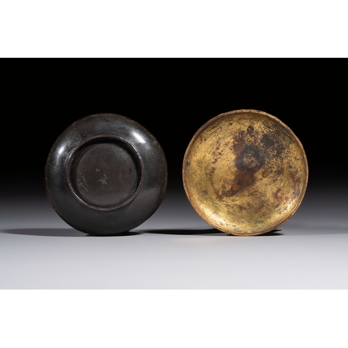 269 - A fine Chinese parcel-gilt bronze 'Bird Among Blossoming Plum Branches' box and cover, 18th C.Dia.: ... 