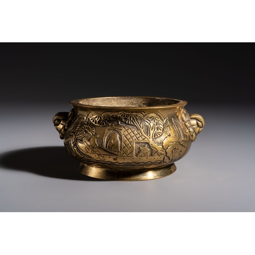275 - A Chinese bronze 'Journey to the West' censer, Xuande mark, 19th C.Dia.: 14 cm - H.: 8,3 cmWeight: 1... 
