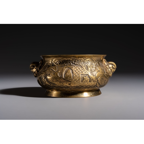 275 - A Chinese bronze 'Journey to the West' censer, Xuande mark, 19th C.Dia.: 14 cm - H.: 8,3 cmWeight: 1... 