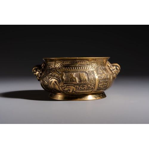 275 - A Chinese bronze 'Journey to the West' censer, Xuande mark, 19th C.Dia.: 14 cm - H.: 8,3 cmWeight: 1... 