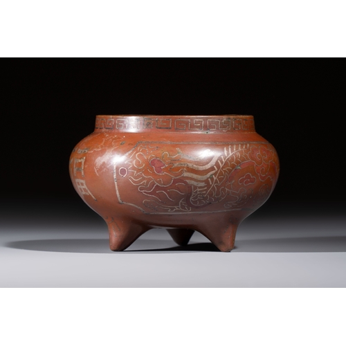 279 - A Chinese or Vietnamese silver-inlaid bronze 'Fu Lu Shou' tripod censer,  Xuande mark, 19th C.Dia.: ... 