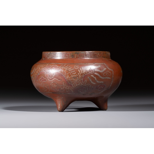279 - A Chinese or Vietnamese silver-inlaid bronze 'Fu Lu Shou' tripod censer,  Xuande mark, 19th C.Dia.: ... 