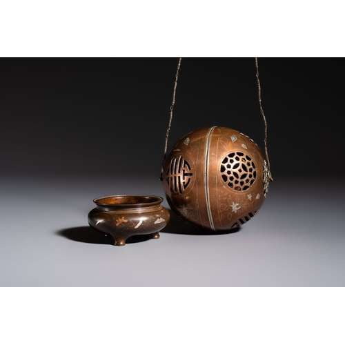 280 - A Chinese or Vietnamese silver-inlaid copper reticulated spherical censer and a silver- and copper-i... 