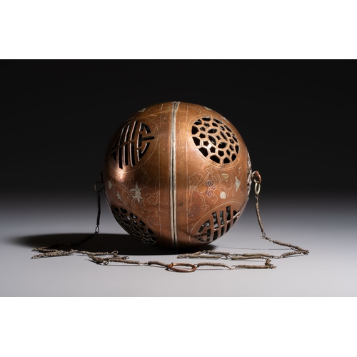 280 - A Chinese or Vietnamese silver-inlaid copper reticulated spherical censer and a silver- and copper-i... 