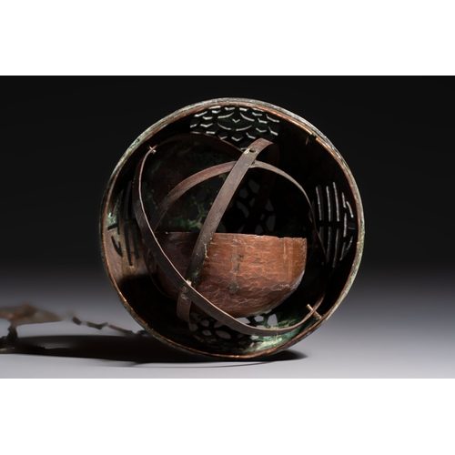 280 - A Chinese or Vietnamese silver-inlaid copper reticulated spherical censer and a silver- and copper-i... 