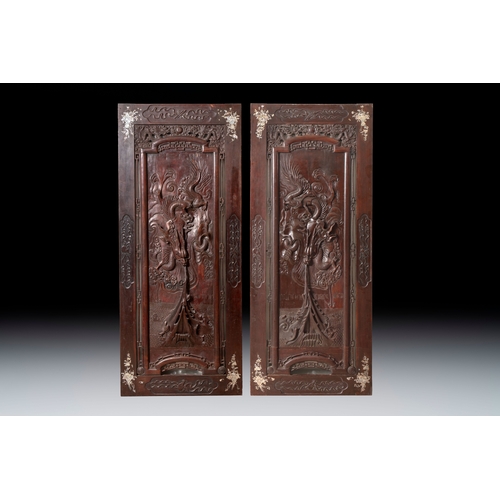 283 - A pair of Vietnamese mother-of-pearl-inlaid hardwood 'Dragon and Carps' panels, 19th C.Dim.: 88 x 4 ... 