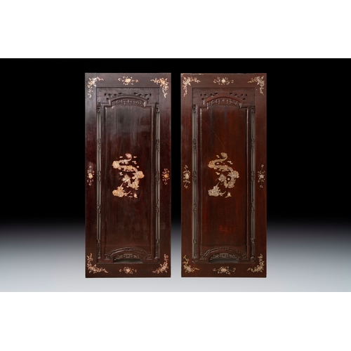 283 - A pair of Vietnamese mother-of-pearl-inlaid hardwood 'Dragon and Carps' panels, 19th C.Dim.: 88 x 4 ... 