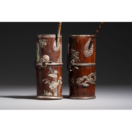 285 - Two Vietnamese waterpipes in wood, silver and metal, one with mother-of-pearl inlay, 19th C.H.: 71 c... 