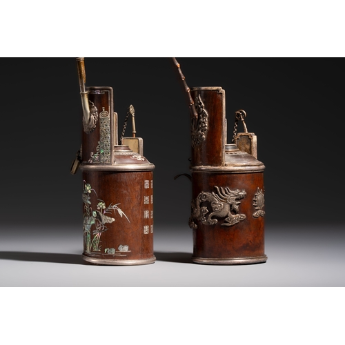 285 - Two Vietnamese waterpipes in wood, silver and metal, one with mother-of-pearl inlay, 19th C.H.: 71 c... 