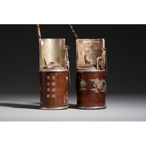 285 - Two Vietnamese waterpipes in wood, silver and metal, one with mother-of-pearl inlay, 19th C.H.: 71 c... 