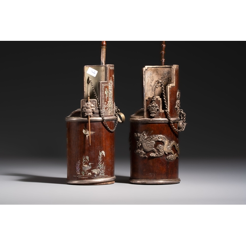 285 - Two Vietnamese waterpipes in wood, silver and metal, one with mother-of-pearl inlay, 19th C.H.: 71 c... 