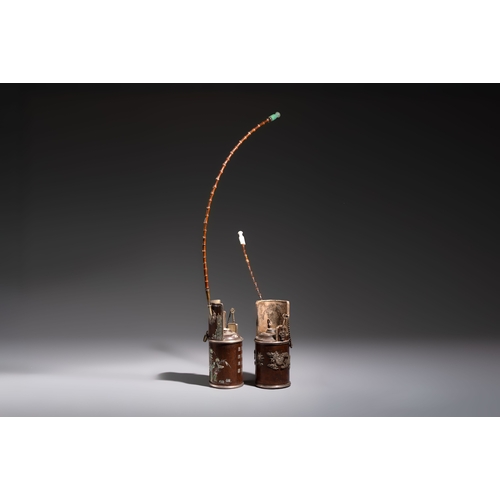 285 - Two Vietnamese waterpipes in wood, silver and metal, one with mother-of-pearl inlay, 19th C.H.: 71 c... 