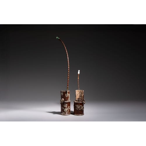 285 - Two Vietnamese waterpipes in wood, silver and metal, one with mother-of-pearl inlay, 19th C.H.: 71 c... 