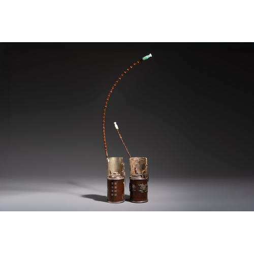 285 - Two Vietnamese waterpipes in wood, silver and metal, one with mother-of-pearl inlay, 19th C.H.: 71 c... 
