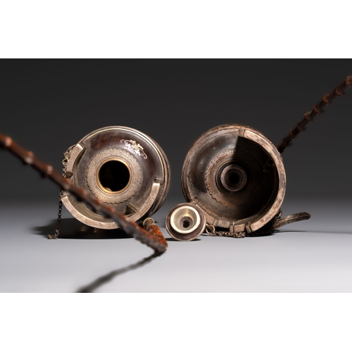 285 - Two Vietnamese waterpipes in wood, silver and metal, one with mother-of-pearl inlay, 19th C.H.: 71 c... 