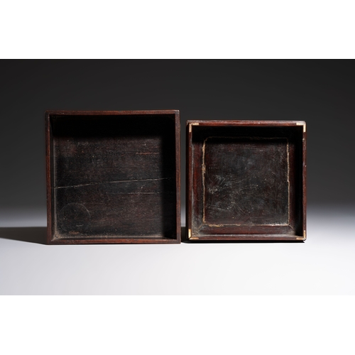 287 - Two Vietnamese mother-of-pearl-inlaid wooden trays and a circular box and cover, 19th C.Dia.: 27 cm ... 