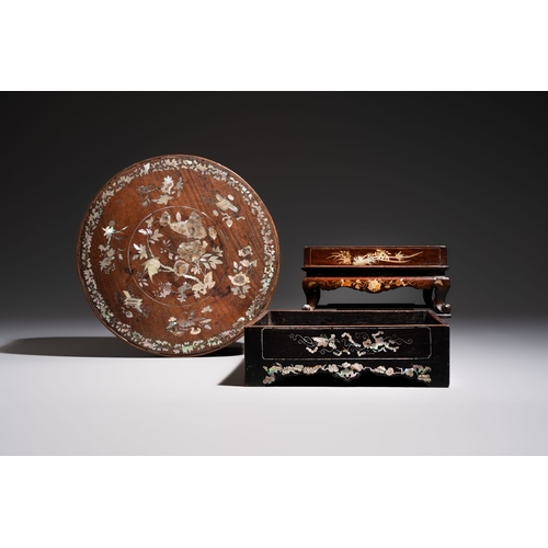 287 - Two Vietnamese mother-of-pearl-inlaid wooden trays and a circular box and cover, 19th C.Dia.: 27 cm ... 