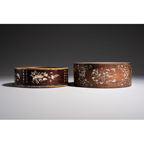 287 - Two Vietnamese mother-of-pearl-inlaid wooden trays and a circular box and cover, 19th C.Dia.: 27 cm ... 