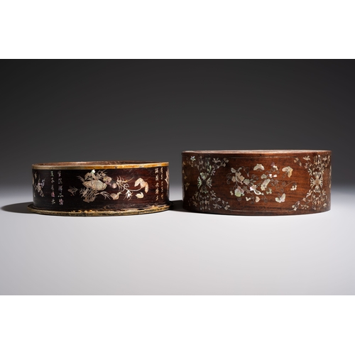 287 - Two Vietnamese mother-of-pearl-inlaid wooden trays and a circular box and cover, 19th C.Dia.: 27 cm ... 