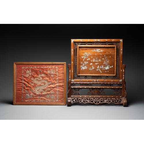 289 - A Vietnamese mother-of-pearl-inlaid wooden 'Fishermen' table screen and an embroidered silk 'Dragon'... 