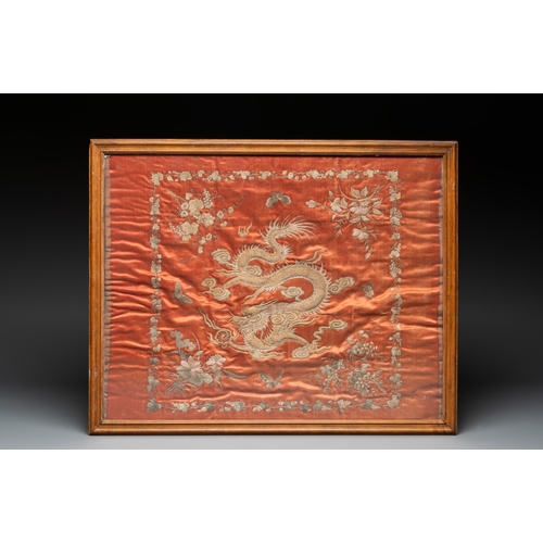 289 - A Vietnamese mother-of-pearl-inlaid wooden 'Fishermen' table screen and an embroidered silk 'Dragon'... 