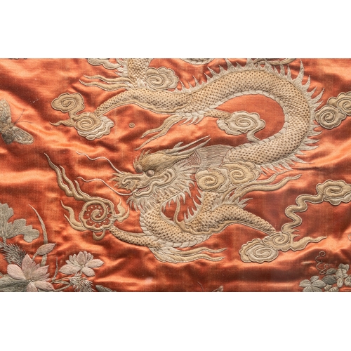 289 - A Vietnamese mother-of-pearl-inlaid wooden 'Fishermen' table screen and an embroidered silk 'Dragon'... 