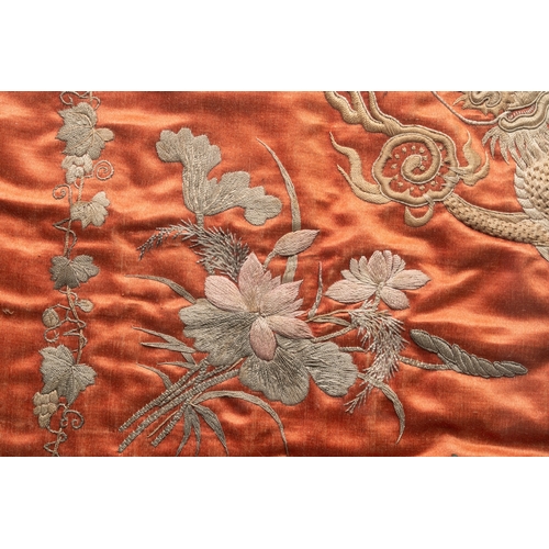 289 - A Vietnamese mother-of-pearl-inlaid wooden 'Fishermen' table screen and an embroidered silk 'Dragon'... 