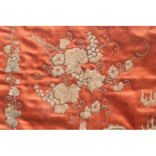 289 - A Vietnamese mother-of-pearl-inlaid wooden 'Fishermen' table screen and an embroidered silk 'Dragon'... 