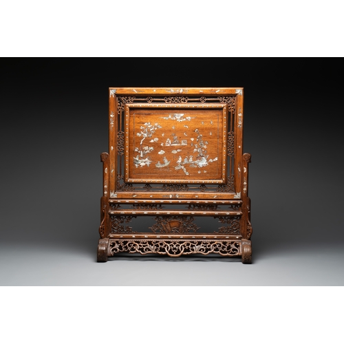 289 - A Vietnamese mother-of-pearl-inlaid wooden 'Fishermen' table screen and an embroidered silk 'Dragon'... 
