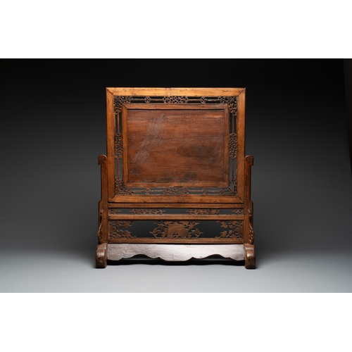 289 - A Vietnamese mother-of-pearl-inlaid wooden 'Fishermen' table screen and an embroidered silk 'Dragon'... 