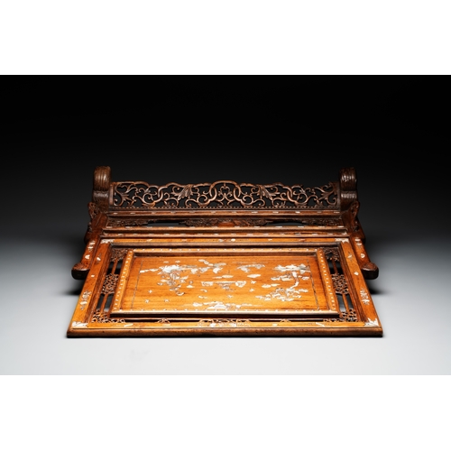 289 - A Vietnamese mother-of-pearl-inlaid wooden 'Fishermen' table screen and an embroidered silk 'Dragon'... 