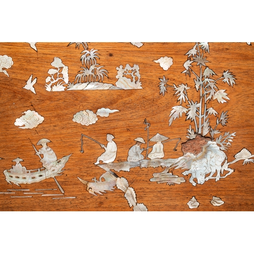 289 - A Vietnamese mother-of-pearl-inlaid wooden 'Fishermen' table screen and an embroidered silk 'Dragon'... 