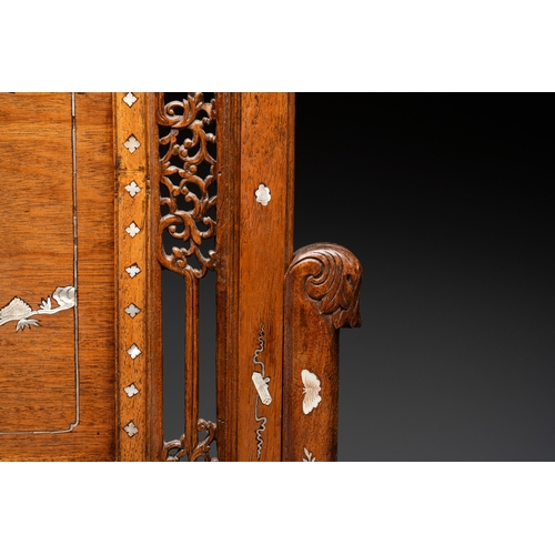 289 - A Vietnamese mother-of-pearl-inlaid wooden 'Fishermen' table screen and an embroidered silk 'Dragon'... 
