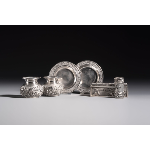296 - A pair of Chinese silver jarlets, a pair of saucer dishes, a rectangular casket and a cylindrical bo... 
