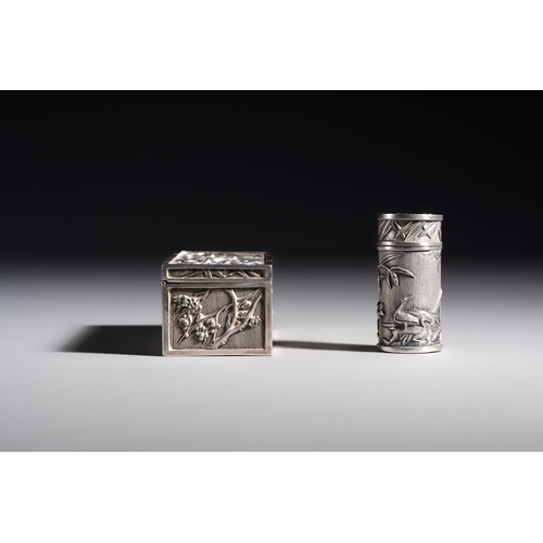296 - A pair of Chinese silver jarlets, a pair of saucer dishes, a rectangular casket and a cylindrical bo... 