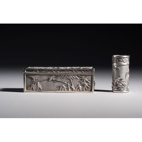 296 - A pair of Chinese silver jarlets, a pair of saucer dishes, a rectangular casket and a cylindrical bo... 