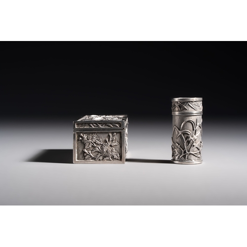 296 - A pair of Chinese silver jarlets, a pair of saucer dishes, a rectangular casket and a cylindrical bo... 