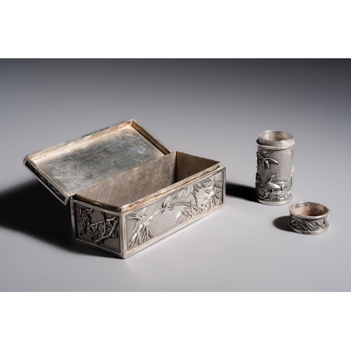 296 - A pair of Chinese silver jarlets, a pair of saucer dishes, a rectangular casket and a cylindrical bo... 