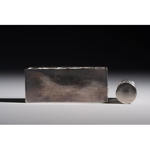 296 - A pair of Chinese silver jarlets, a pair of saucer dishes, a rectangular casket and a cylindrical bo... 