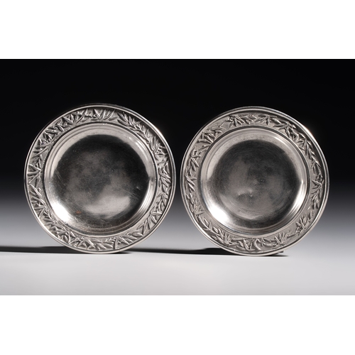 296 - A pair of Chinese silver jarlets, a pair of saucer dishes, a rectangular casket and a cylindrical bo... 