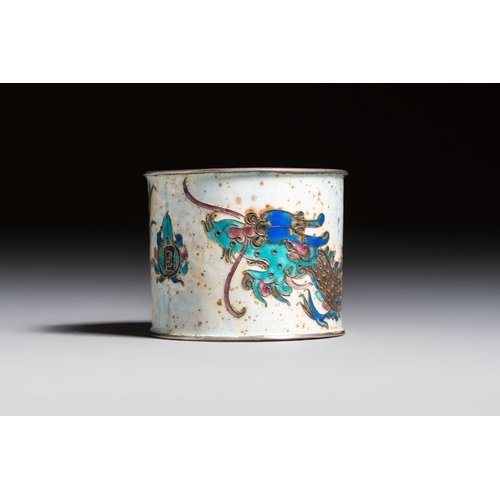 298 - A Chinese enamelled silver 'Dragon' napkin ring, a pair of silver buckles and a pair of cloisonné bu... 