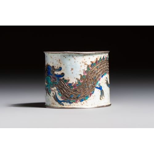298 - A Chinese enamelled silver 'Dragon' napkin ring, a pair of silver buckles and a pair of cloisonné bu... 